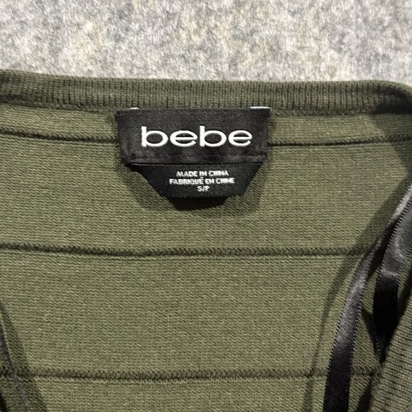 Bebe Dress Womens Green Bandage Stretch Bodycon Knit Sheath 3/4 Sleeve S Flaw - Picture 6 of 10